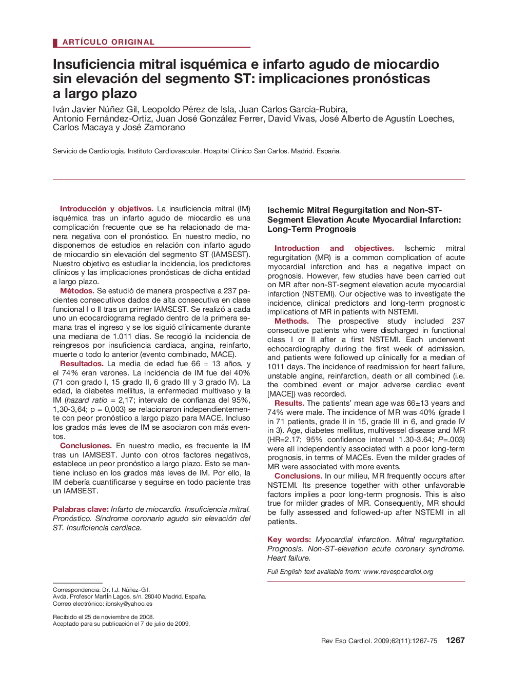 Insuficiencia mitral isquémica e infarto agudo de miocardio sin elevación del segmento ST: implicaciones pronósticas a largo plazo