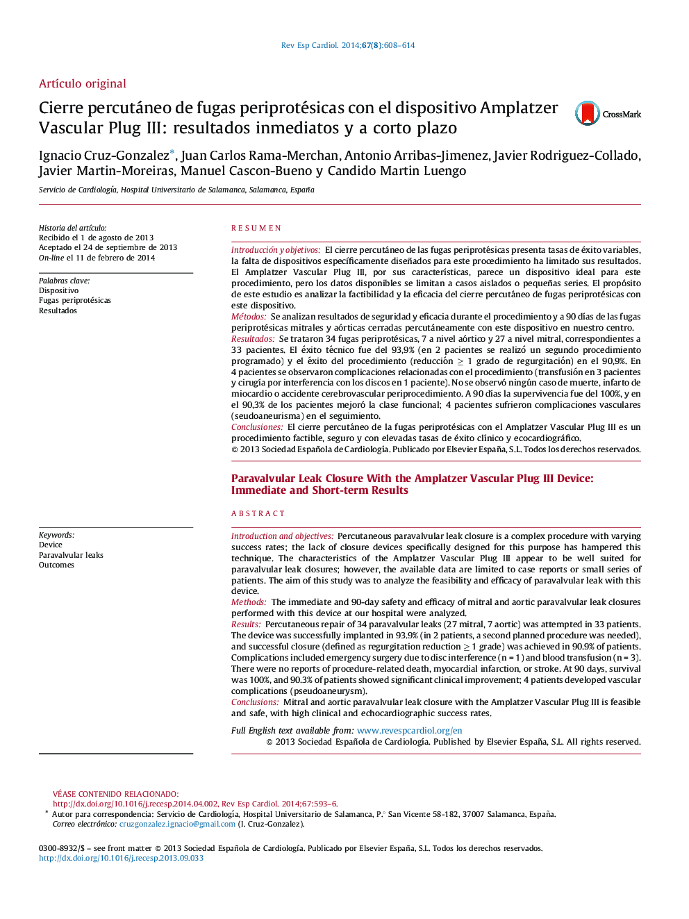 Cierre percutáneo de fugas periprotésicas con el dispositivo Amplatzer Vascular Plug III: resultados inmediatos y a corto plazo