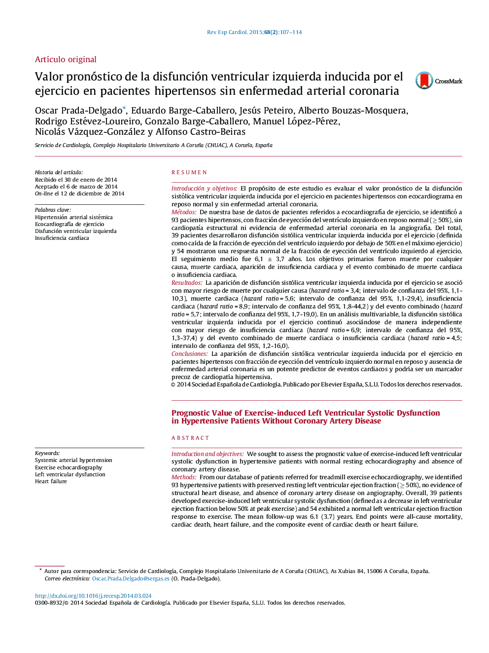 Valor pronóstico de la disfunción ventricular izquierda inducida por el ejercicio en pacientes hipertensos sin enfermedad arterial coronaria