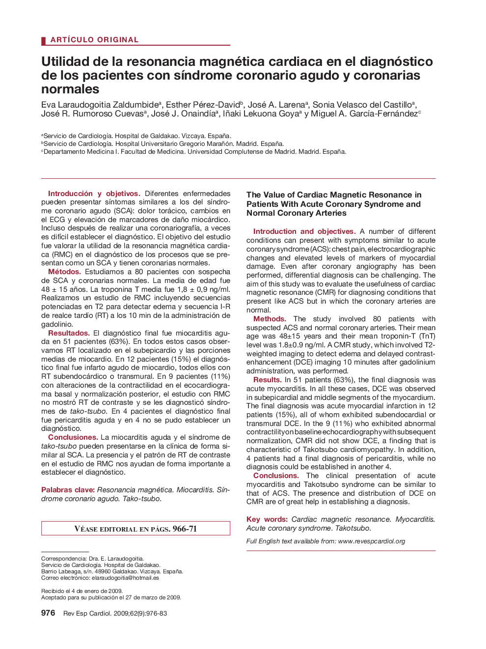 Utilidad de la resonancia magnética cardiaca en el diagnóstico de los pacientes con síndrome coronario agudo y coronarias normales