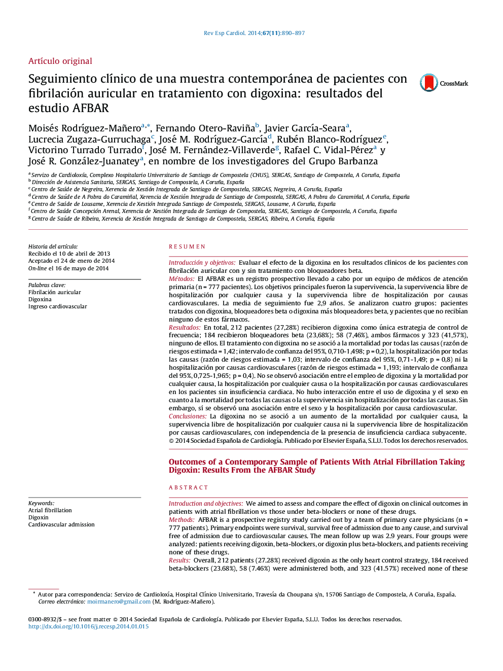 Seguimiento clínico de una muestra contemporánea de pacientes con fibrilación auricular en tratamiento con digoxina: resultados del estudio AFBAR