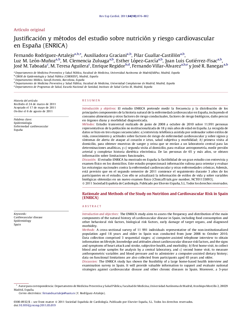 Justificación y métodos del estudio sobre nutrición y riesgo cardiovascular en España (ENRICA)