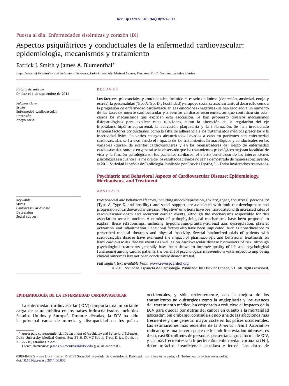 Aspectos psiquiátricos y conductuales de la enfermedad cardiovascular: epidemiología, mecanismos y tratamiento