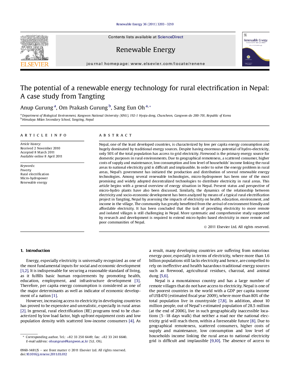 The potential of a renewable energy technology for rural electrification in Nepal: A case study from Tangting