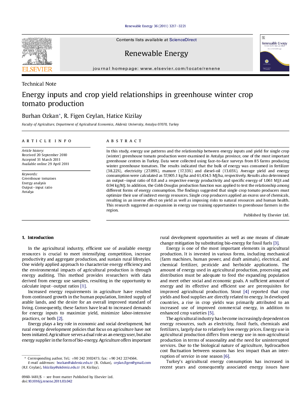 Energy inputs and crop yield relationships in greenhouse winter crop tomato production