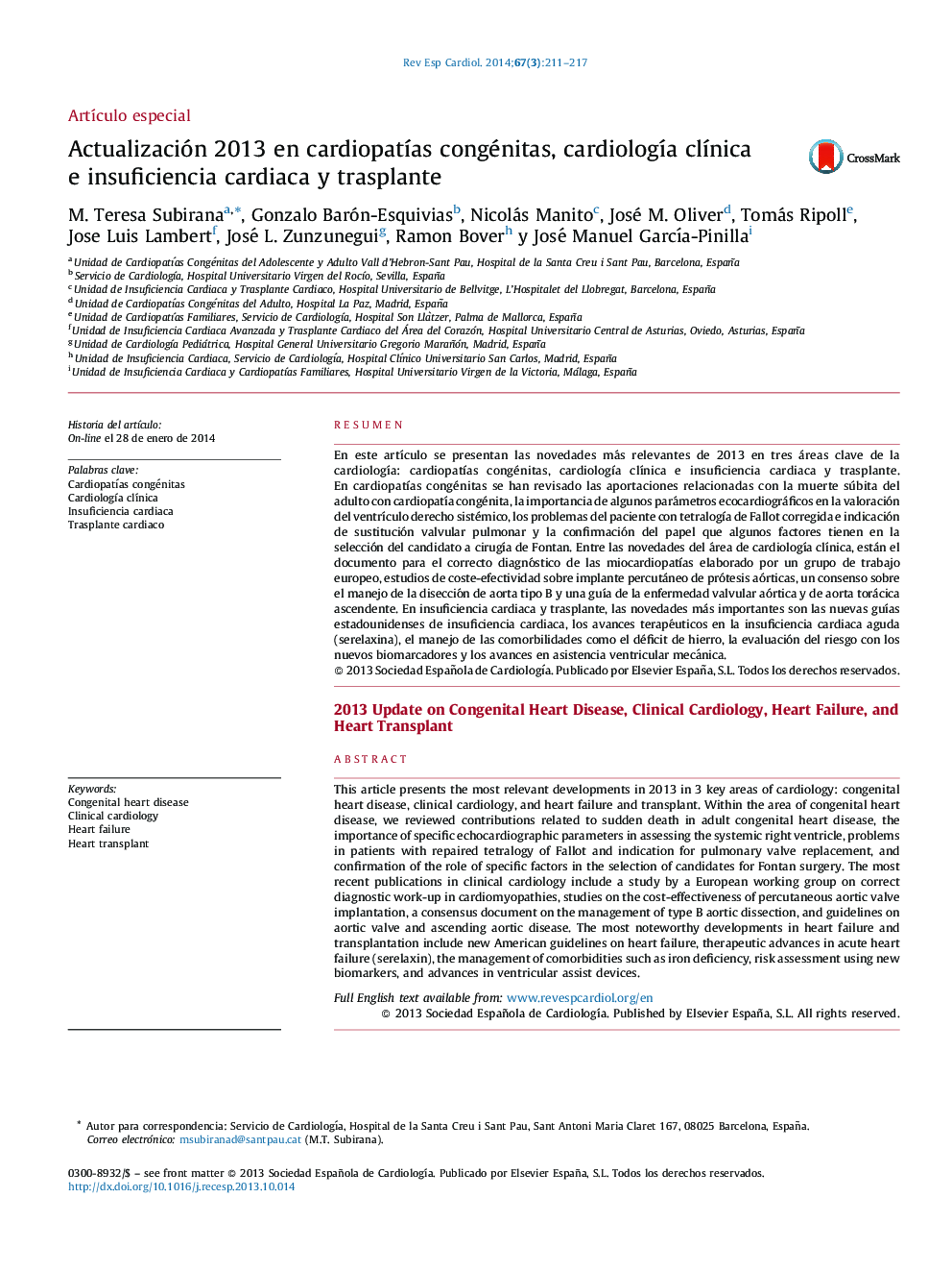 Actualización 2013 en cardiopatías congénitas, cardiología clínica e insuficiencia cardiaca y trasplante