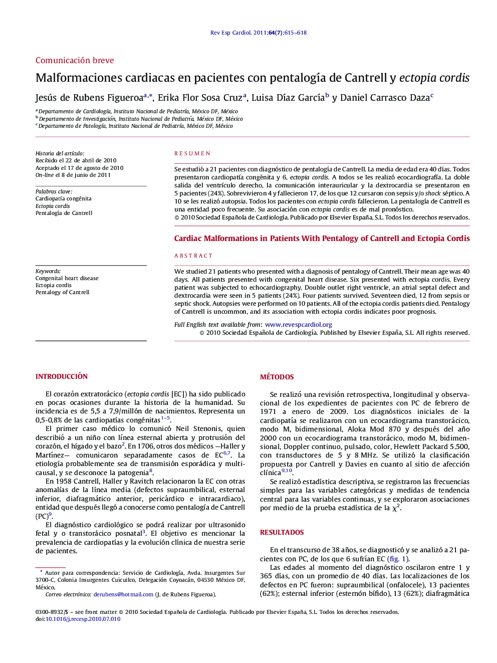 Malformaciones cardiacas en pacientes con pentalogÃ­a de Cantrell y ectopia cordis