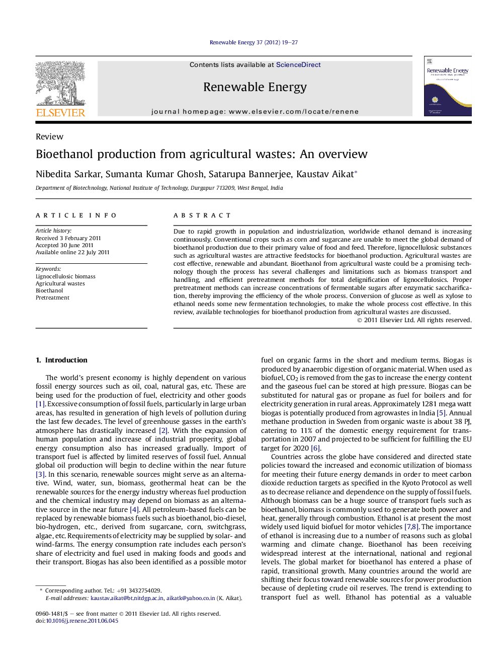 Bioethanol production from agricultural wastes: An overview