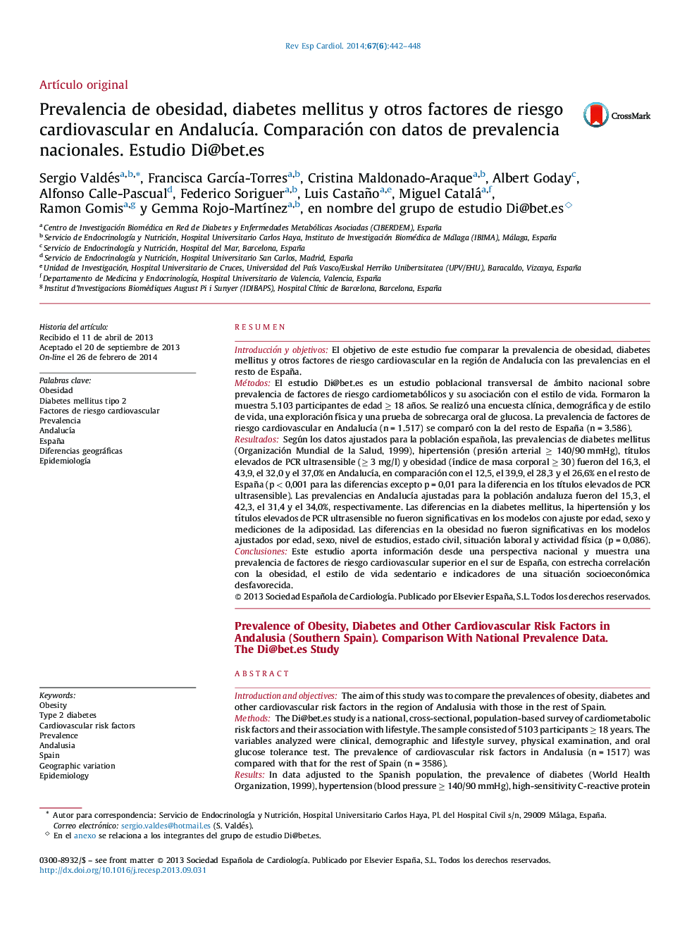 Prevalencia de obesidad, diabetes mellitus y otros factores de riesgo cardiovascular en Andalucía. Comparación con datos de prevalencia nacionales. Estudio Di@bet.es