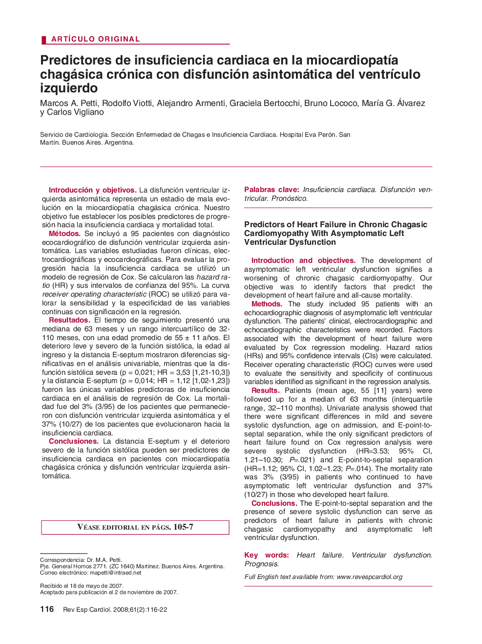 Predictores de insuficiencia cardiaca en la miocardiopatía chagásica crónica con disfunción asintomática del ventrículo izquierdo 