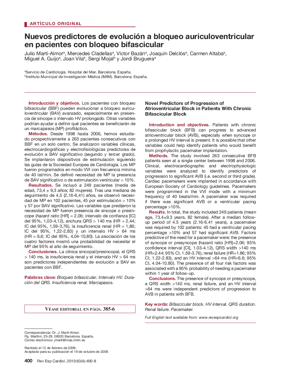 Nuevos predictores de evolución a bloqueo auriculoventricular en pacientes con bloqueo bifascicular