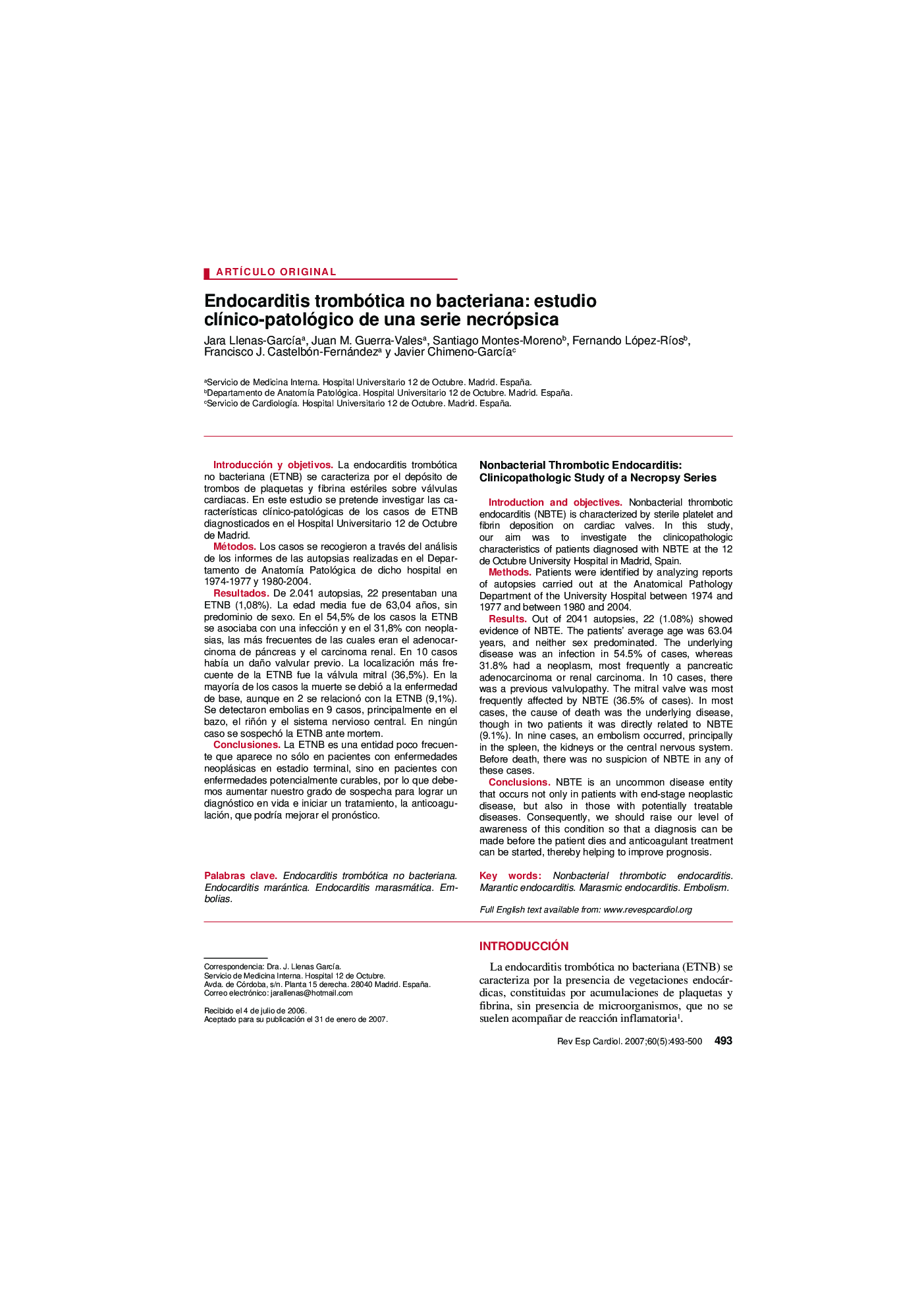 Endocarditis trombótica no bacteriana: estudio clÃ­nico-patológico de una serie necrópsica