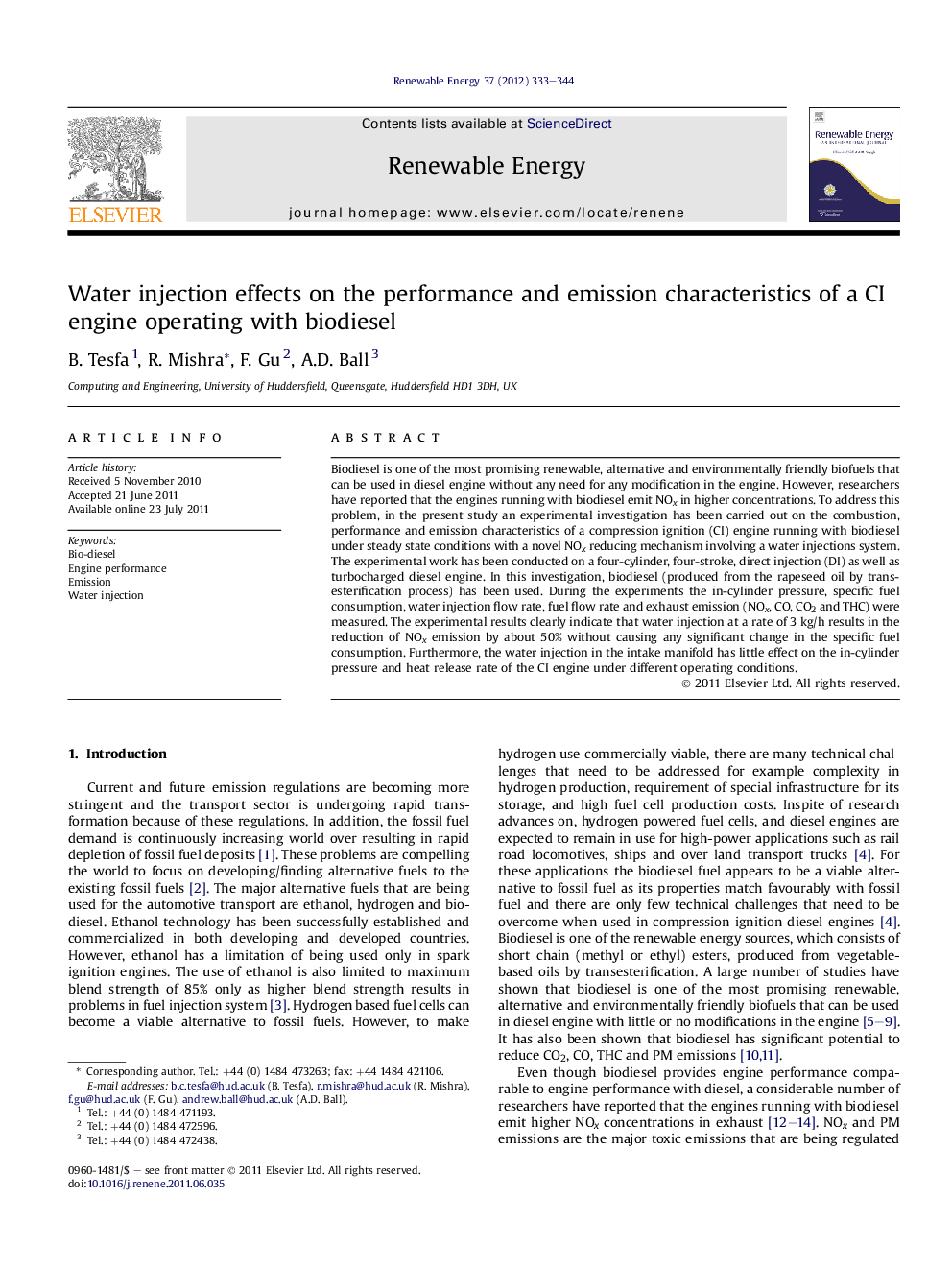 Water injection effects on the performance and emission characteristics of a CI engine operating with biodiesel