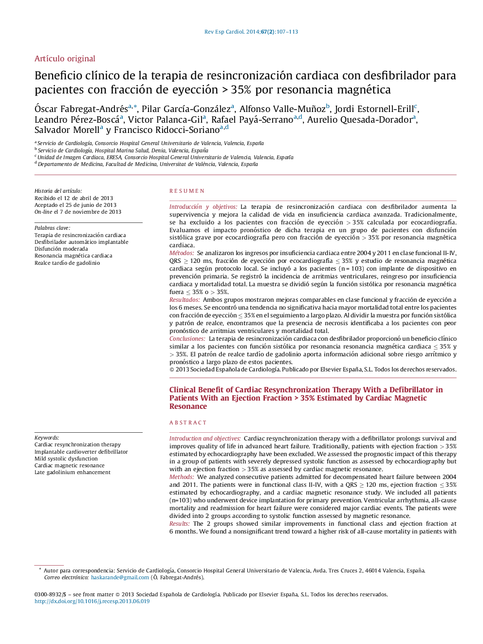 Beneficio clÃ­nico de la terapia de resincronización cardiaca conÂ desfibrilador para pacientes conÂ fracción deÂ eyección >Â 35% porÂ resonancia magnética