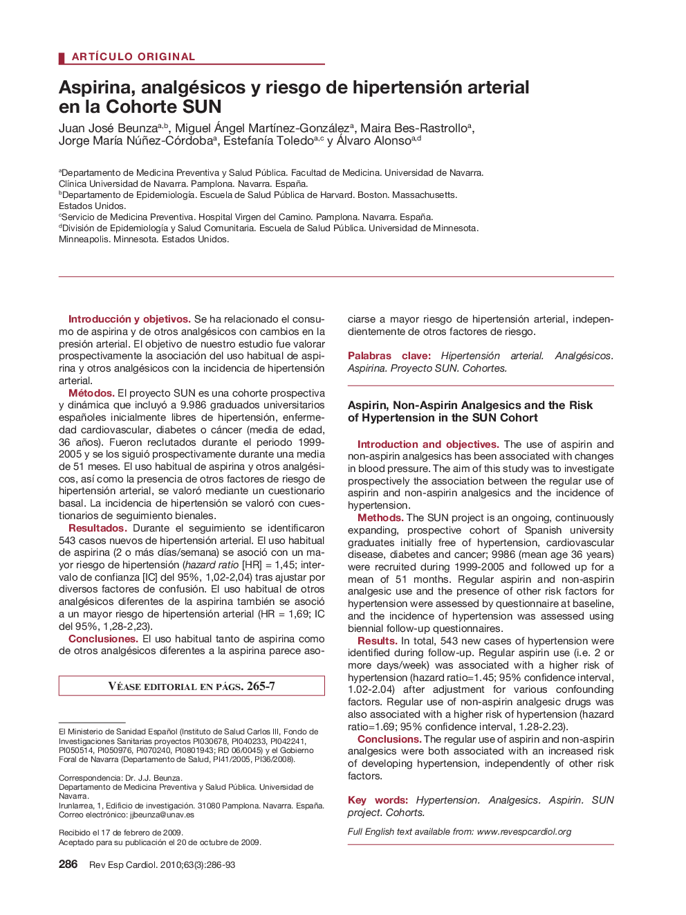 Aspirina, analgésicos y riesgo de hipertensión arterial en la Cohorte SUN