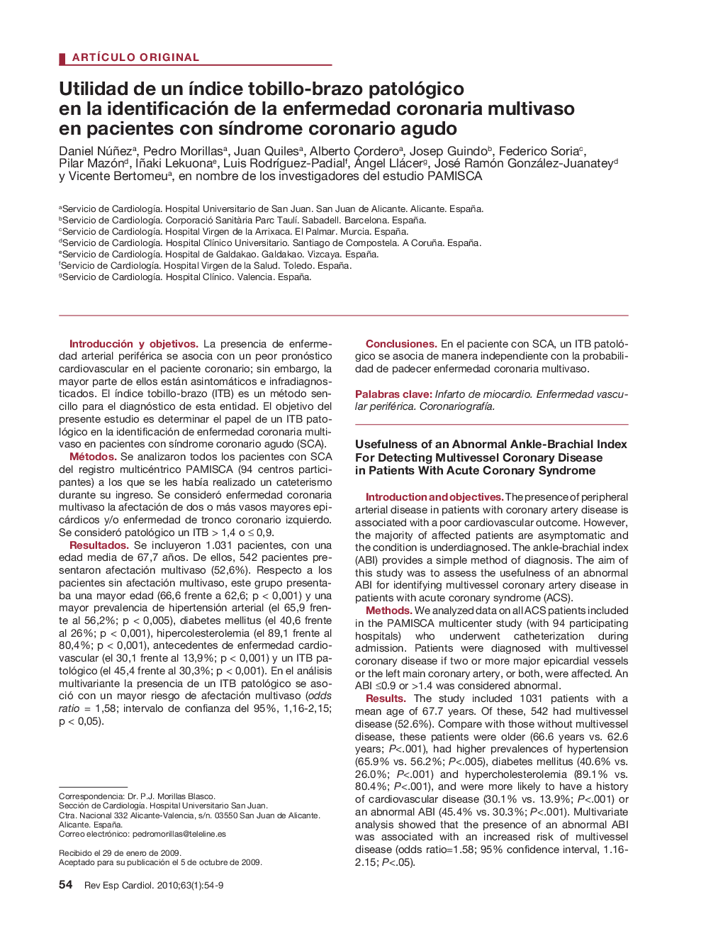 Utilidad de un índice tobillo-brazo patológico en la identificación de la enfermedad coronaria multivaso en pacientes con síndrome coronario agudo