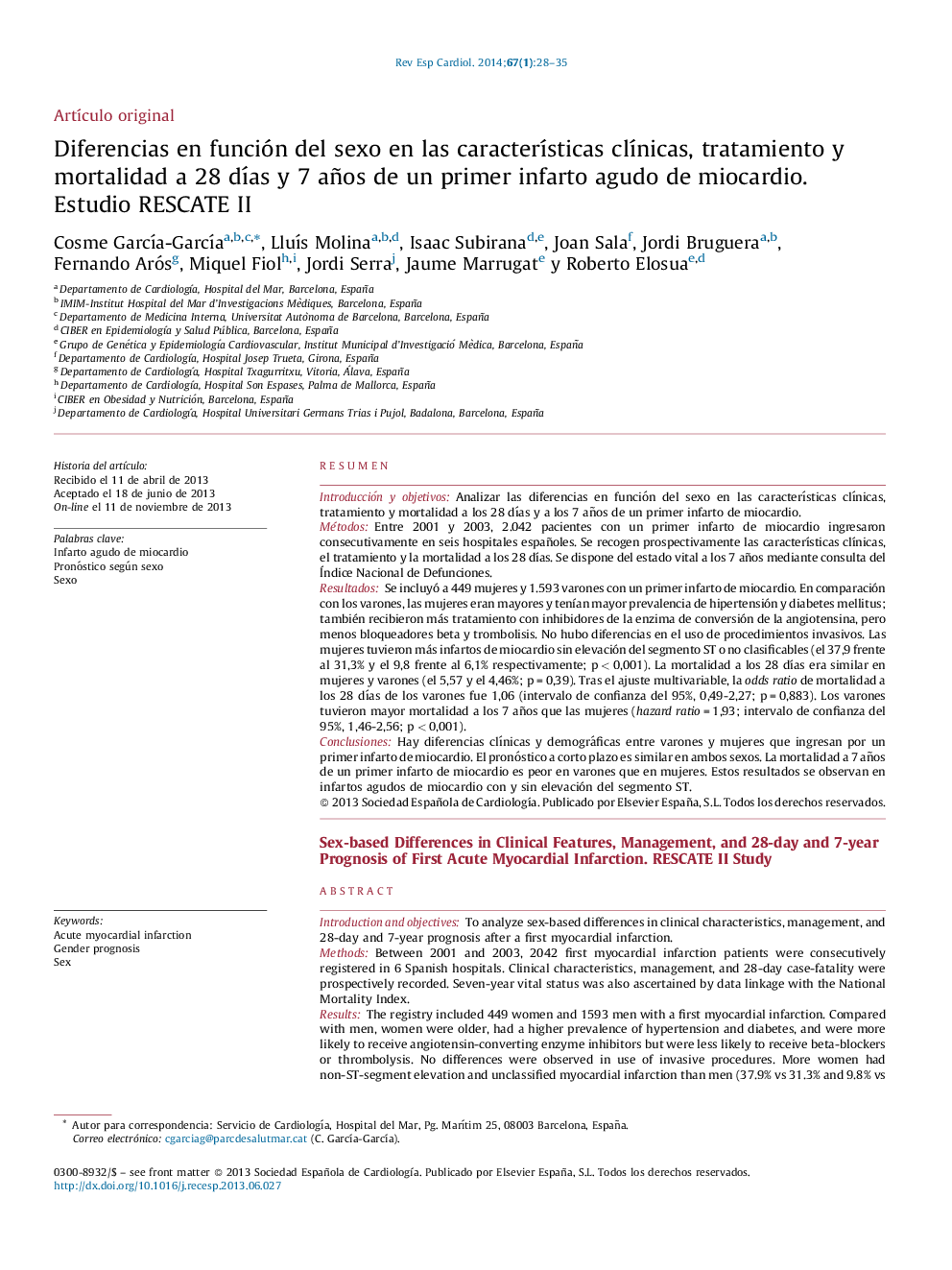 Diferencias en función del sexo en las características clínicas, tratamiento y mortalidad a 28 días y 7 años de un primer infarto agudo de miocardio. Estudio RESCATE II