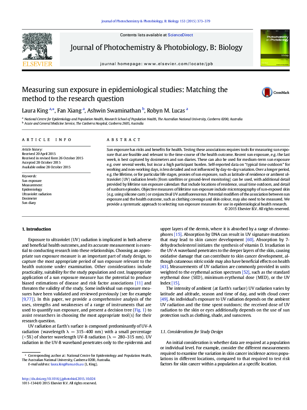 Measuring sun exposure in epidemiological studies: Matching the method to the research question