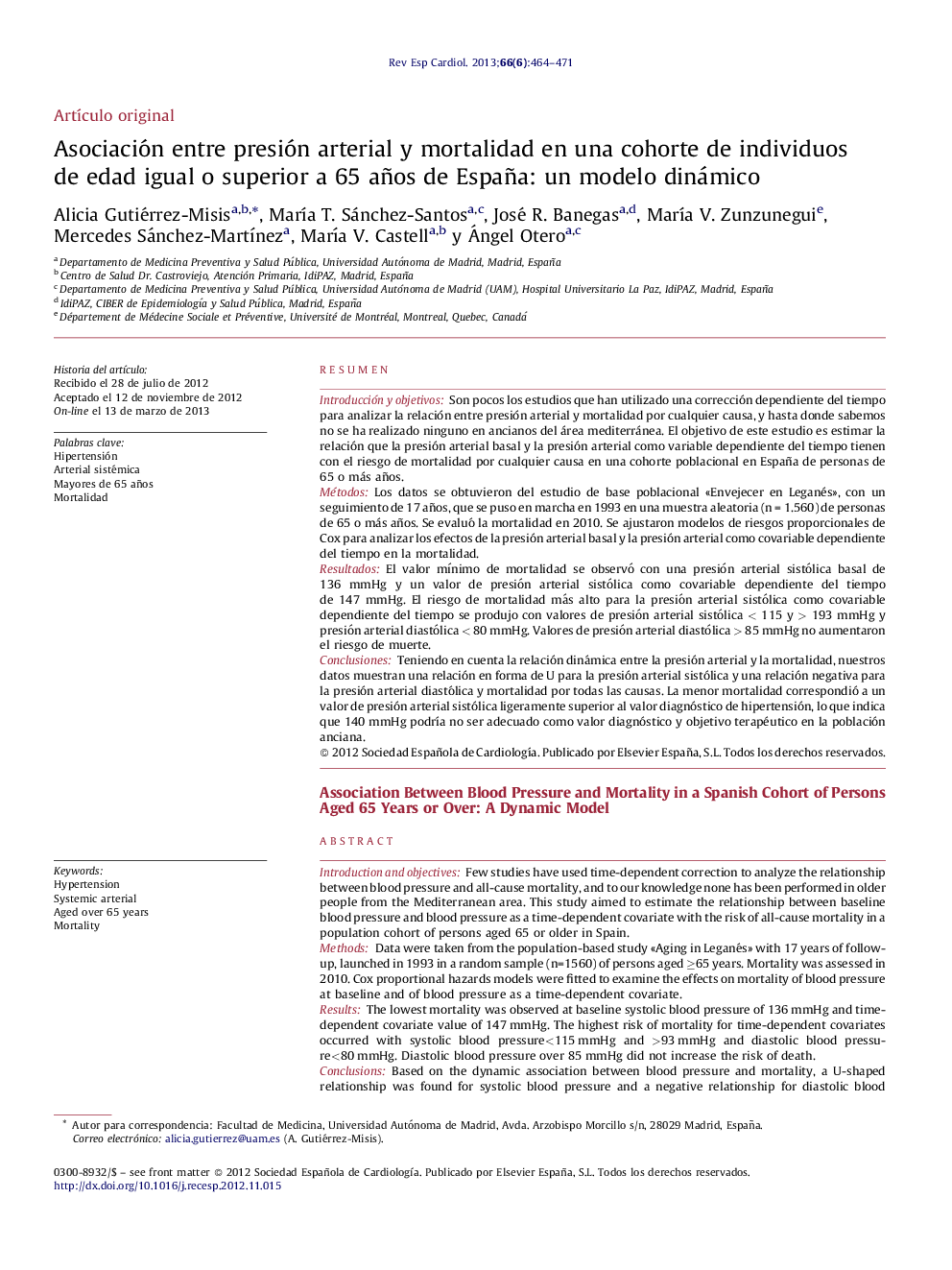 Asociación entre presión arterial y mortalidad en una cohorte de individuos de edad igual o superior a 65 años de España: un modelo dinámico