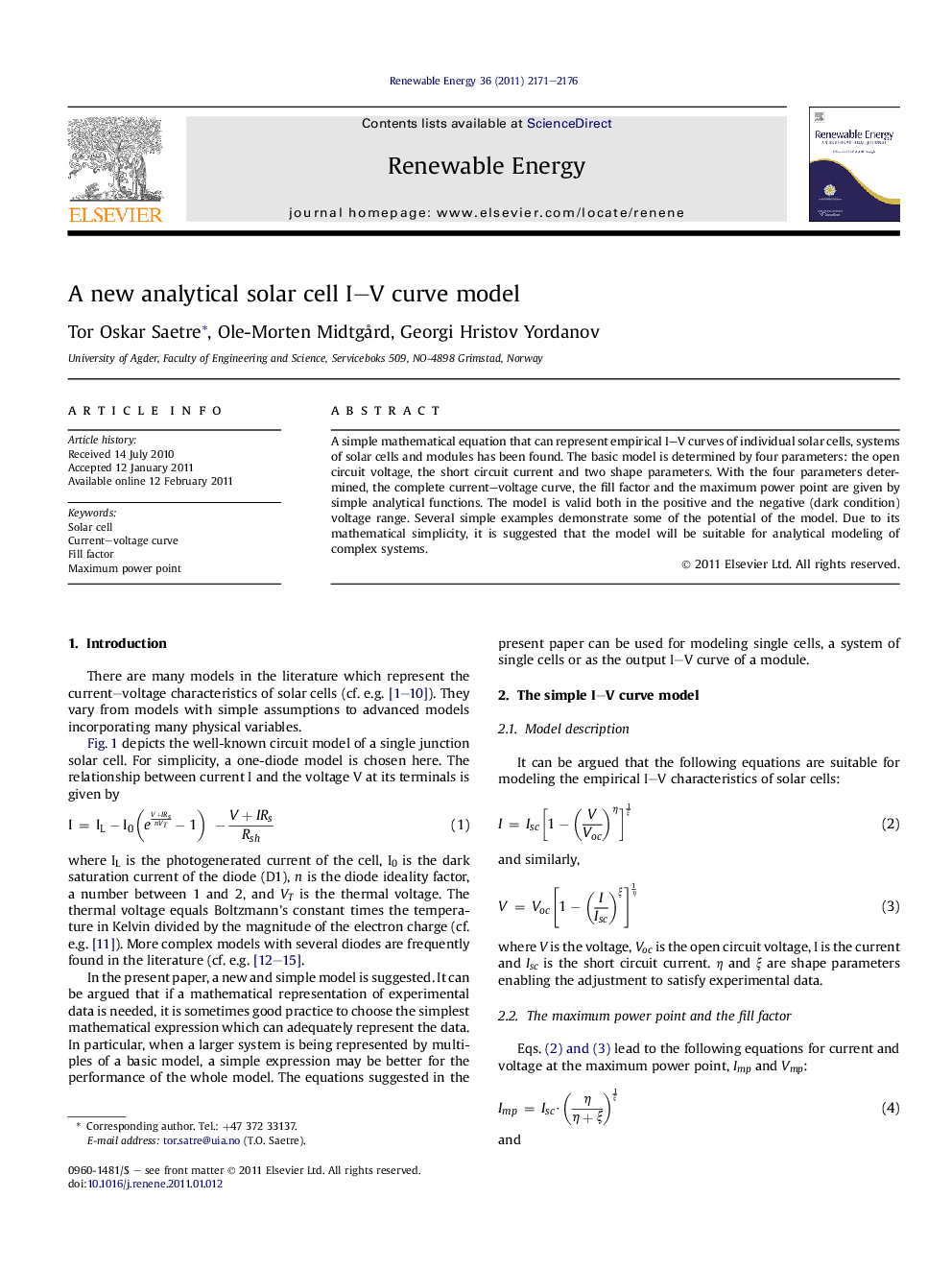 A new analytical solar cell I–V curve model