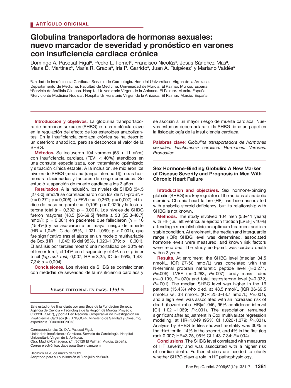 Globulina transportadora de hormonas sexuales: nuevo marcador de severidad y pronóstico en varones con insuficiencia cardiaca crónica 