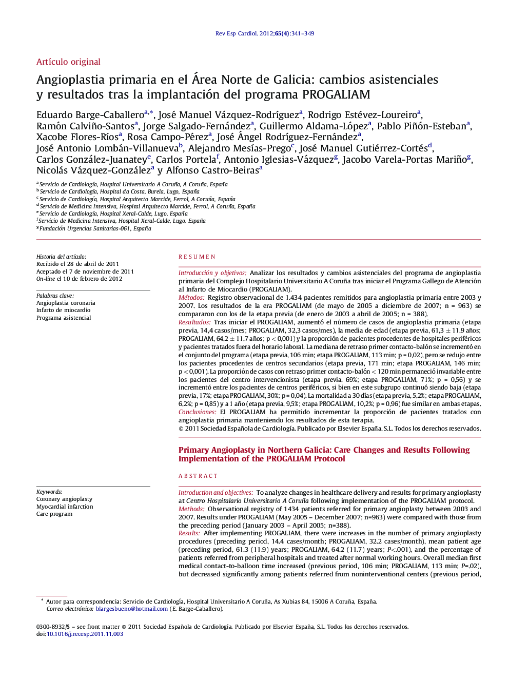 Angioplastia primaria en el Área Norte de Galicia: cambios asistenciales y resultados tras la implantación del programa PROGALIAM