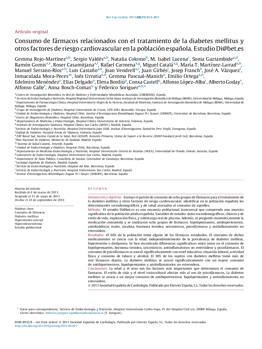 Consumo de fármacos relacionados con el tratamiento de la diabetes mellitus y otros factores de riesgo cardiovascular en la población española. Estudio Di@bet.es