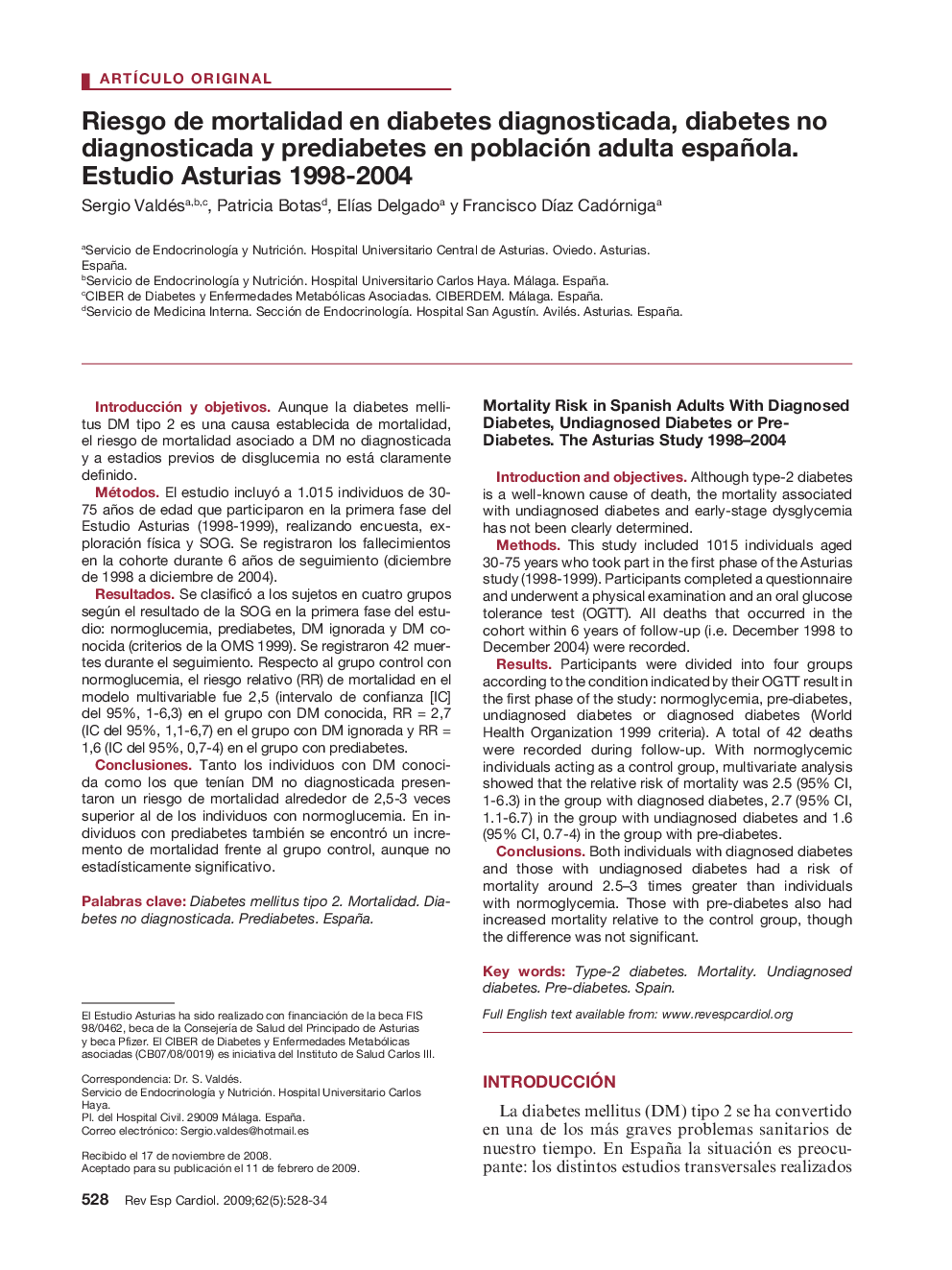 Riesgo de mortalidad en diabetes diagnosticada, diabetes no diagnosticada y prediabetes en población adulta española. Estudio Asturias 1998-2004