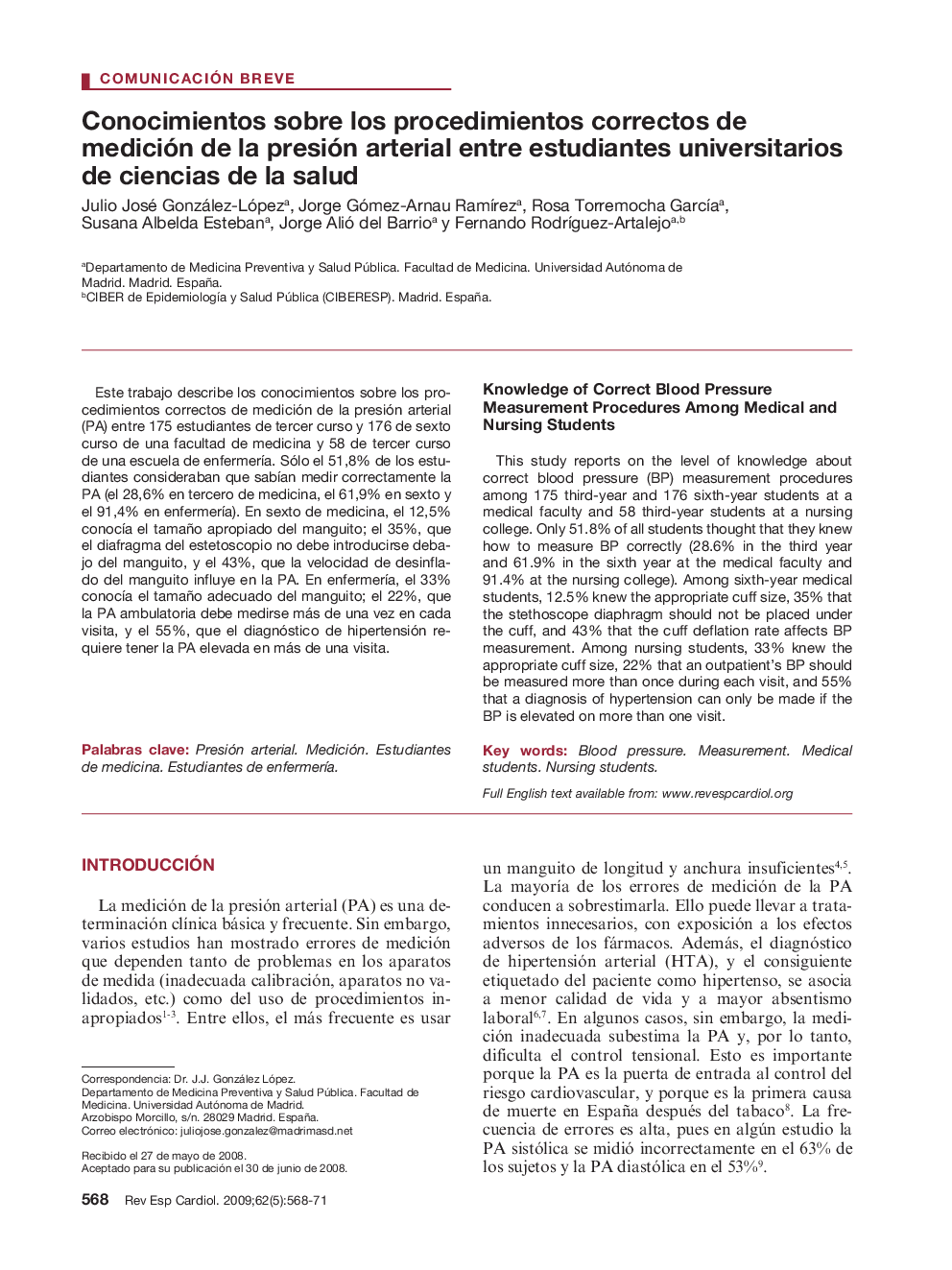 Conocimientos sobre los procedimientos correctos de medición de la presión arterial entre estudiantes universitarios de ciencias de la salud