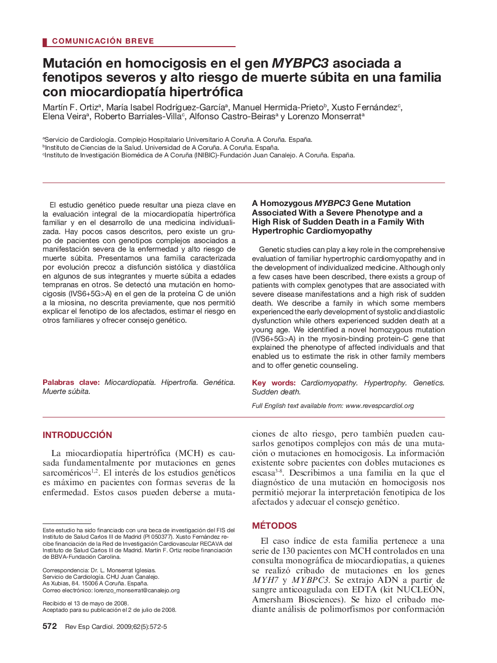 Mutación en homocigosis en el gen MYBPC3 asociada a fenotipos severos y alto riesgo de muerte súbita en una familia con miocardiopatÃ­a hipertrófica