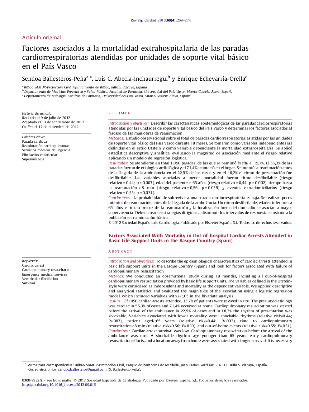 Factores asociados a la mortalidad extrahospitalaria de las paradas cardiorrespiratorias atendidas por unidades de soporte vital básico en el PaÃ­s Vasco