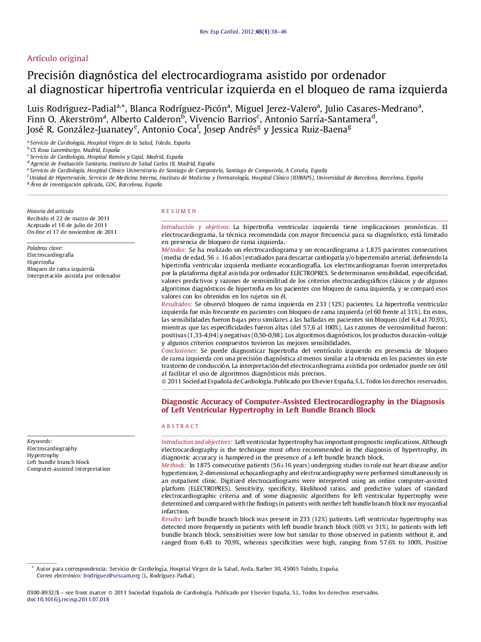 Precisión diagnóstica del electrocardiograma asistido por ordenador al diagnosticar hipertrofia ventricular izquierda en el bloqueo de rama izquierda