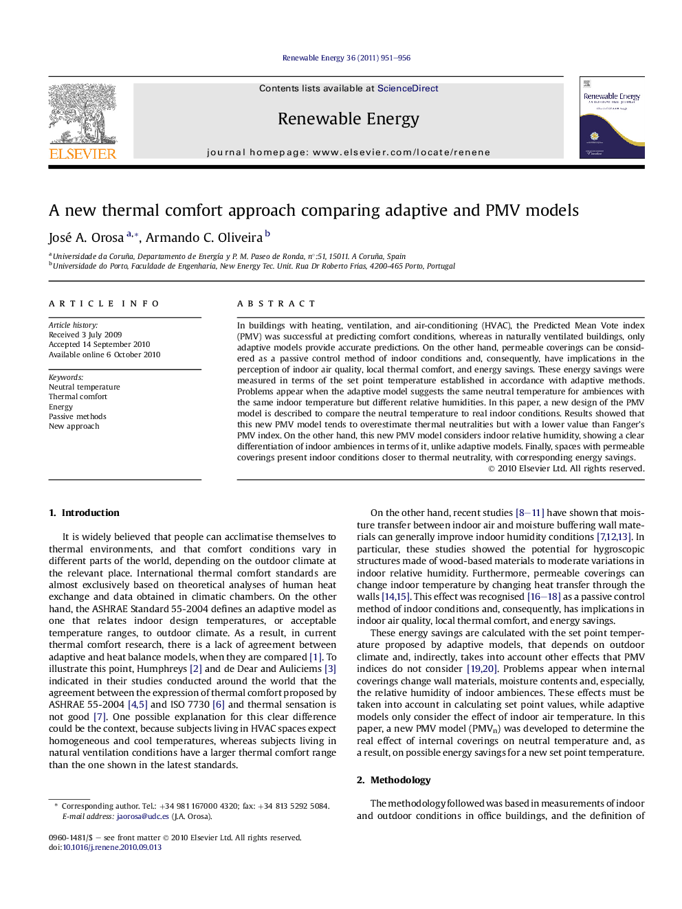 A new thermal comfort approach comparing adaptive and PMV models