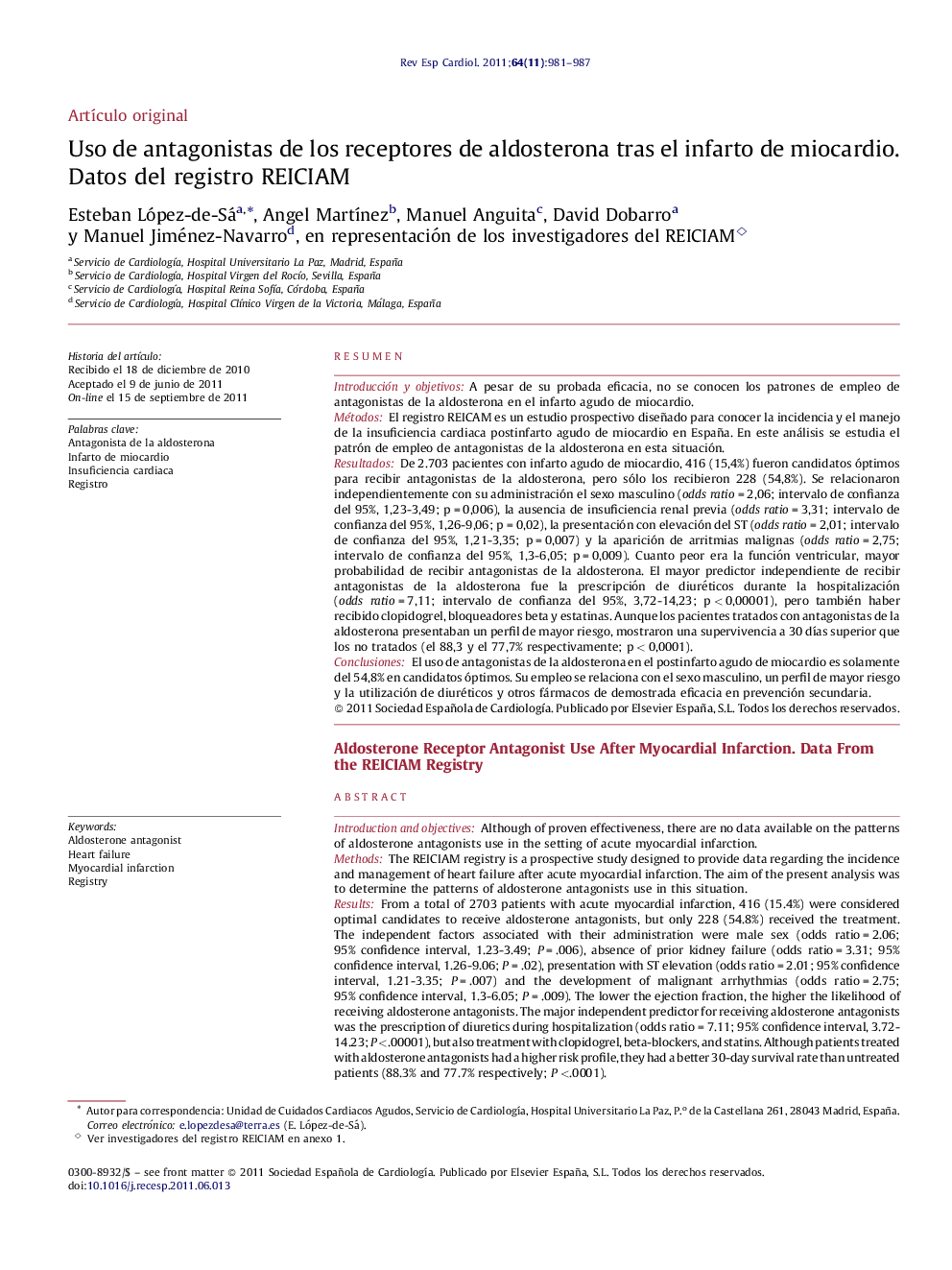 Uso de antagonistas de los receptores de aldosterona tras el infarto de miocardio. Datos del registro REICIAM