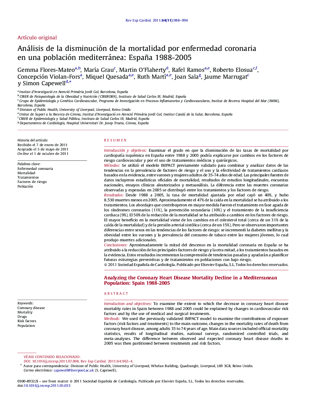 Análisis de la disminución de la mortalidad por enfermedad coronaria en una población mediterránea: España 1988-2005