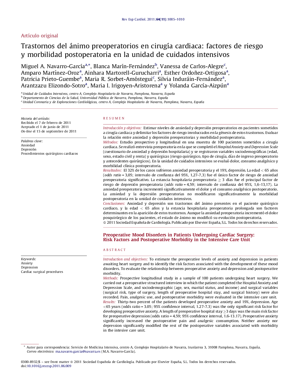 Trastornos del ánimo preoperatorios en cirugÃ­a cardiaca: factores de riesgo y morbilidad postoperatoria en la unidad de cuidados intensivos