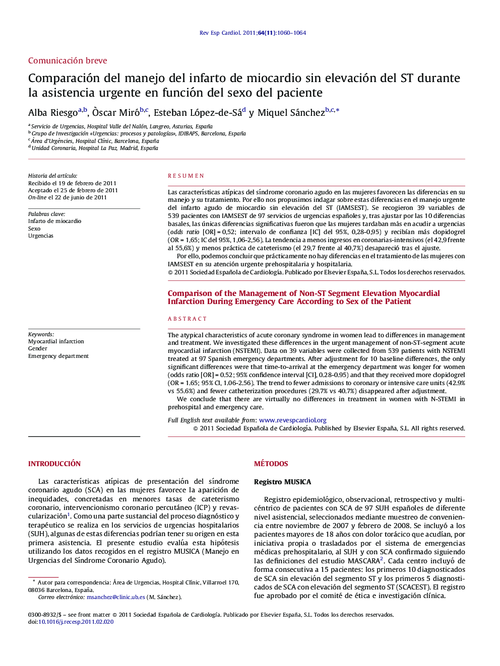 Comparación del manejo del infarto de miocardio sin elevación del ST durante la asistencia urgente en función del sexo del paciente