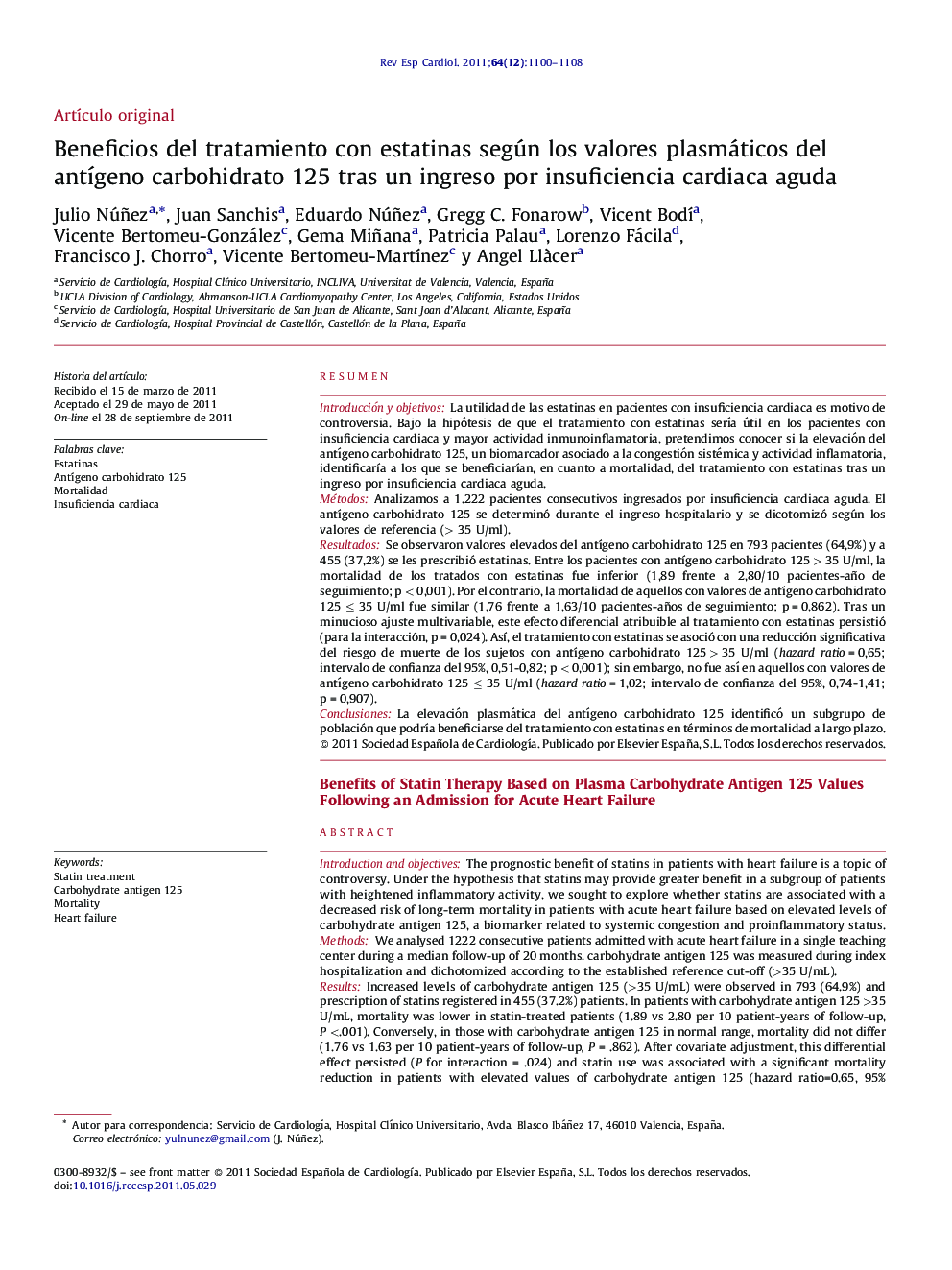 Beneficios del tratamiento con estatinas según los valores plasmáticos del antígeno carbohidrato 125 tras un ingreso por insuficiencia cardiaca aguda