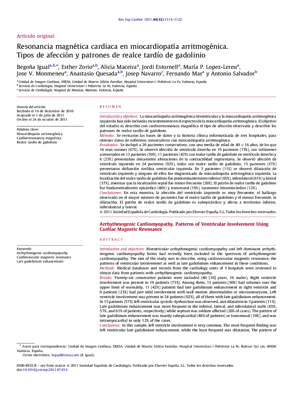 Resonancia magnética cardiaca en miocardiopatía arritmogénica. Tipos de afección y patrones de realce tardío de gadolinio