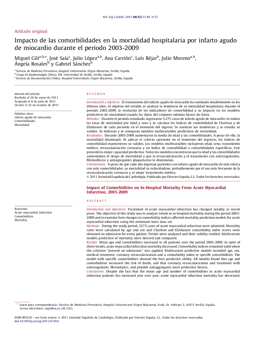 Impacto de las comorbilidades en la mortalidad hospitalaria por infarto agudo de miocardio durante el periodo 2003-2009