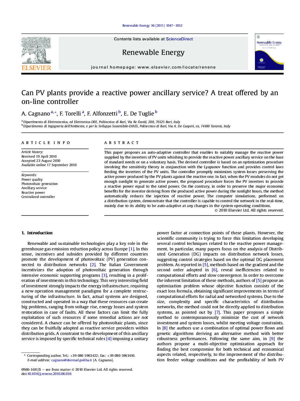 Can PV plants provide a reactive power ancillary service? A treat offered by an on-line controller