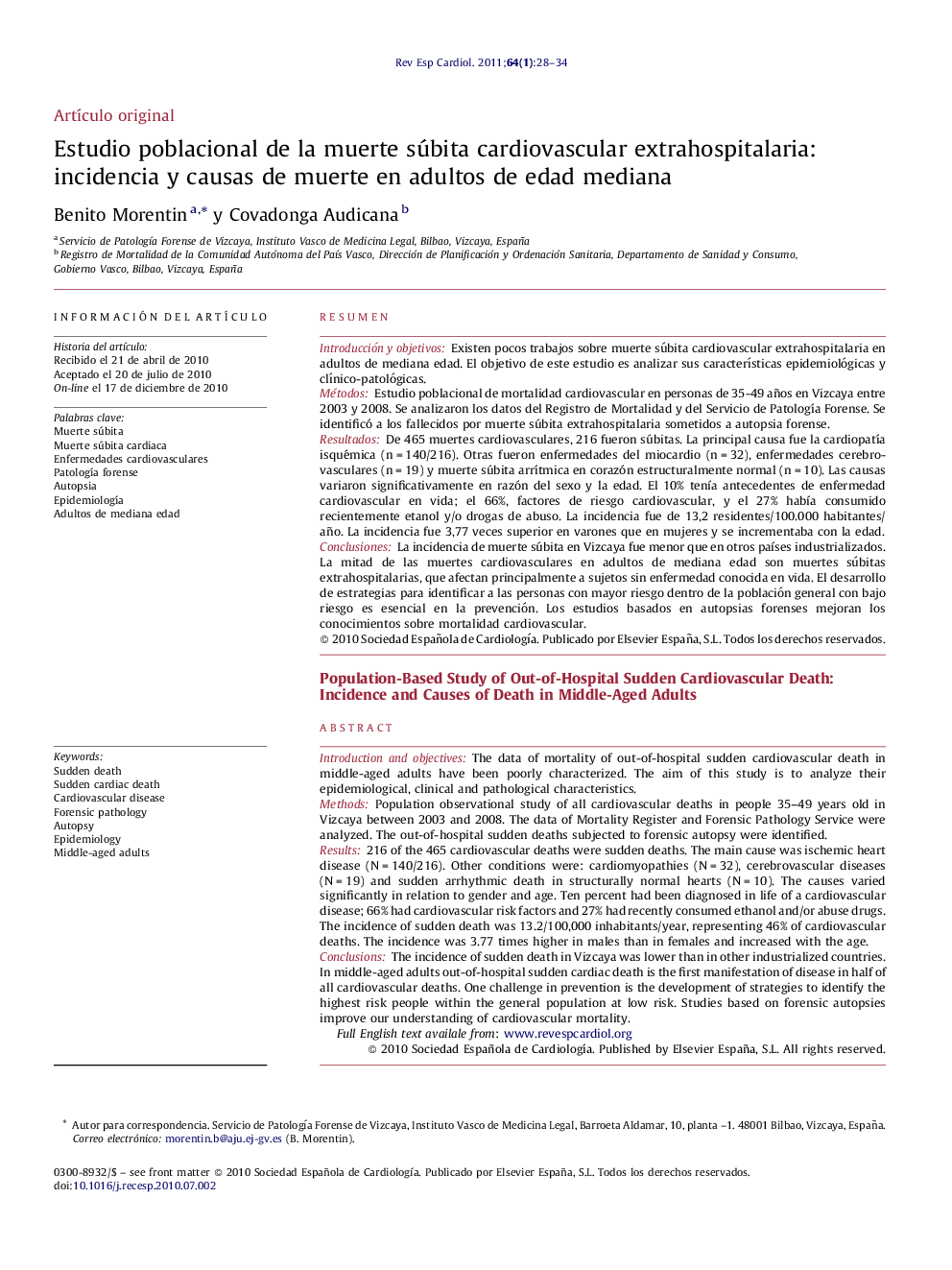 Estudio poblacional de la muerte súbita cardiovascular extrahospitalaria: incidencia y causas de muerte en adultos de edad mediana