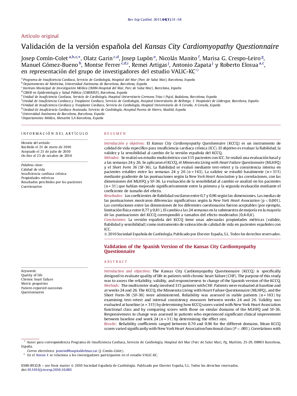 Validación de la versión española del Kansas City Cardiomyopathy Questionnaire