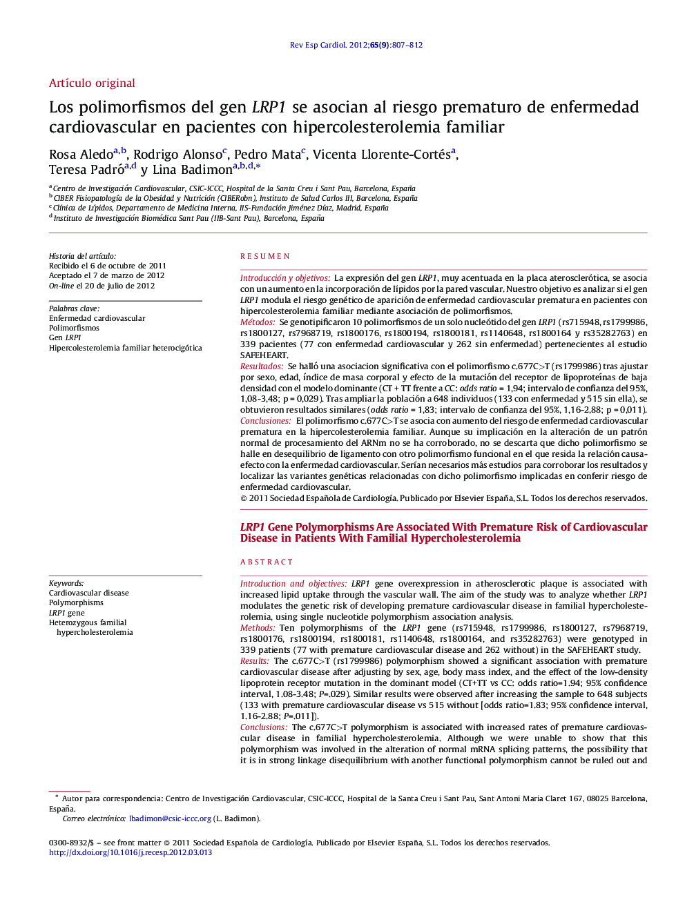 Los polimorfismos del gen LRP1 se asocian al riesgo prematuro de enfermedad cardiovascular en pacientes con hipercolesterolemia familiar