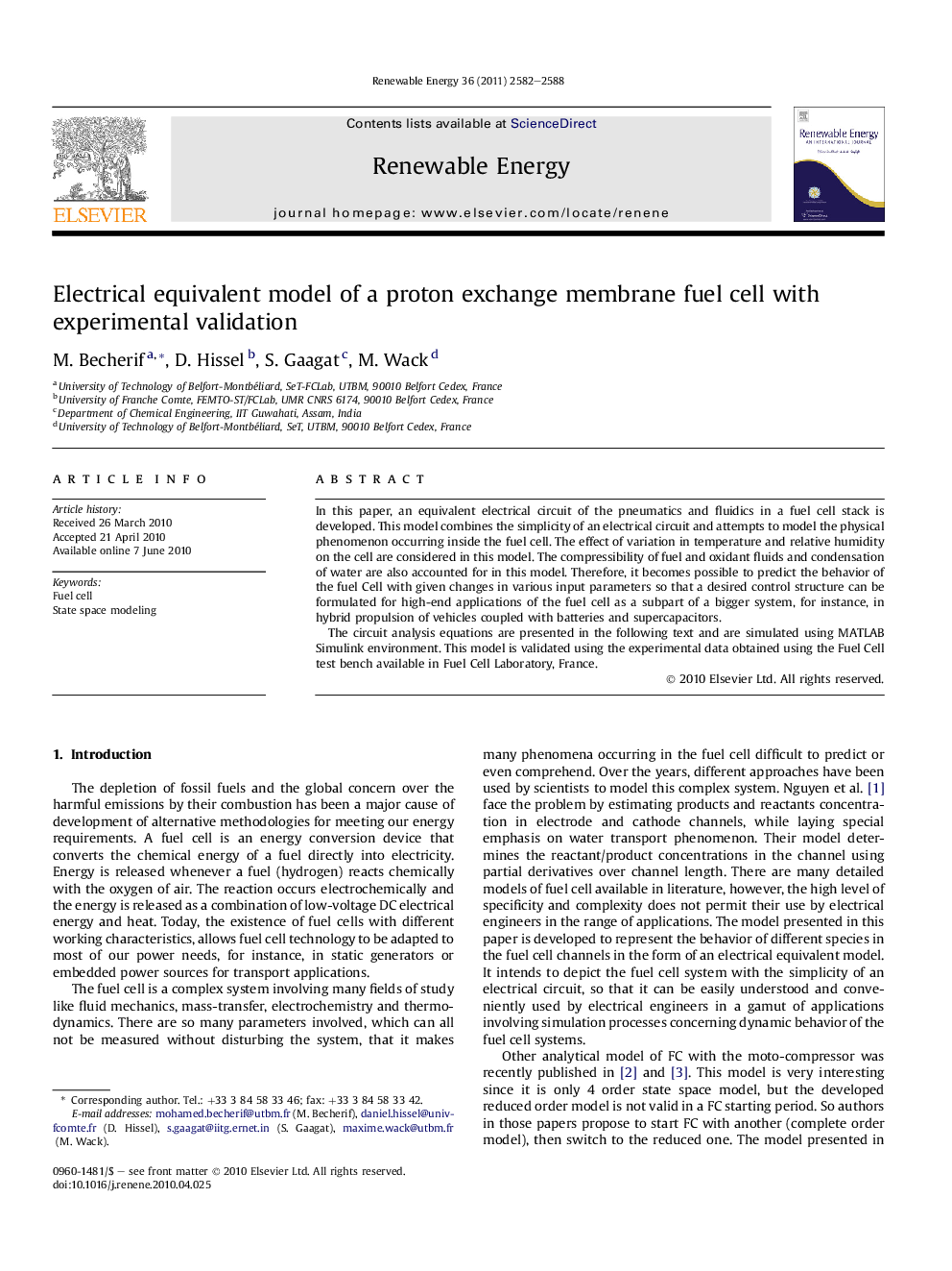 Electrical equivalent model of a proton exchange membrane fuel cell with experimental validation