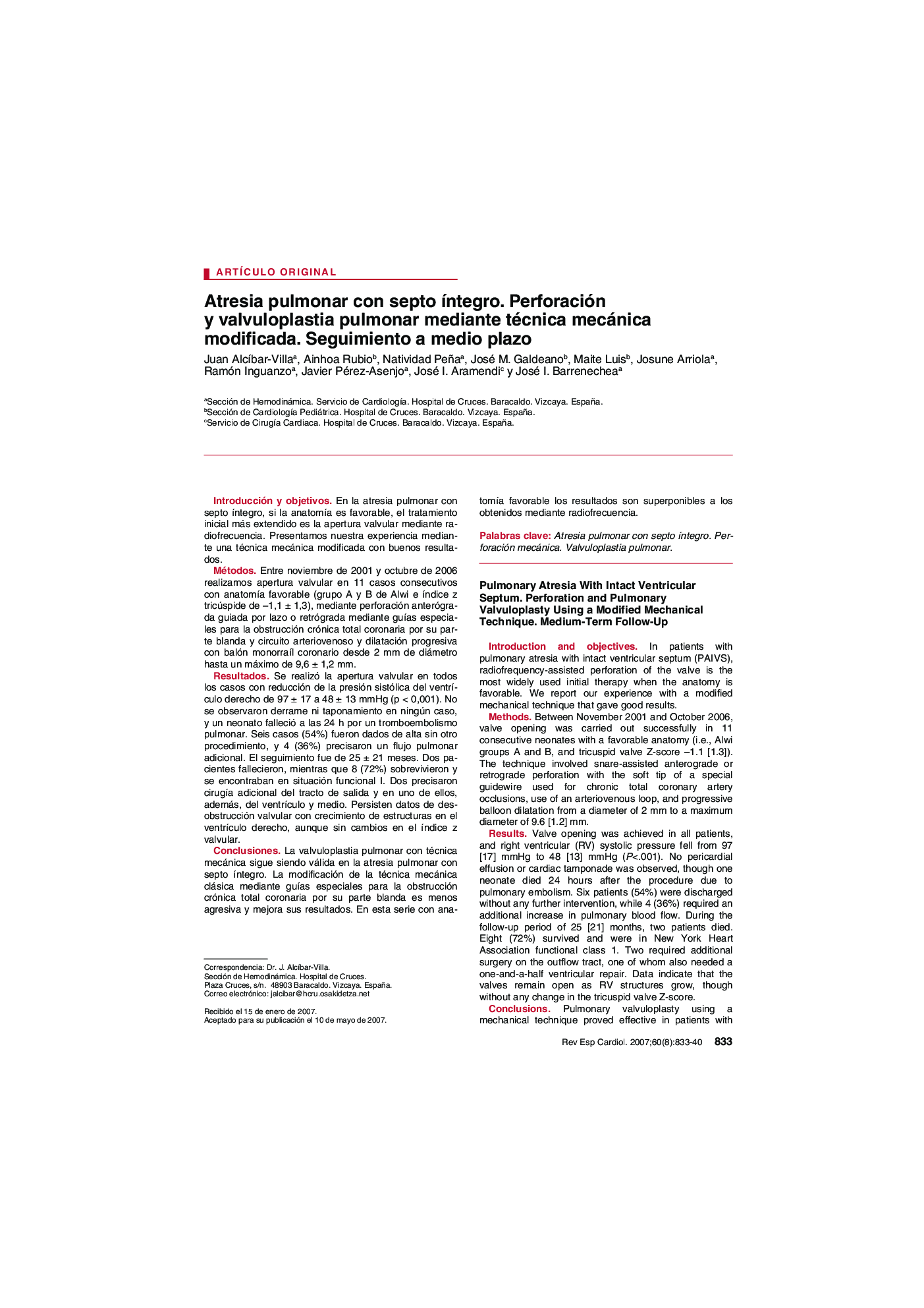 Atresia pulmonar con septo Ã­ntegro. Perforación y valvuloplastia pulmonar mediante técnica mecánica modificada. Seguimiento a medio plazo