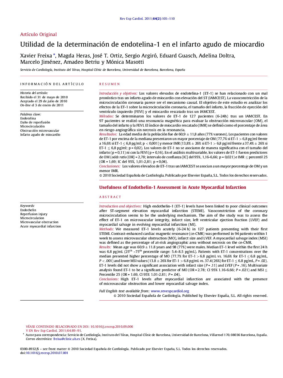 Utilidad de la determinación de endotelina-1 en el infarto agudo de miocardio