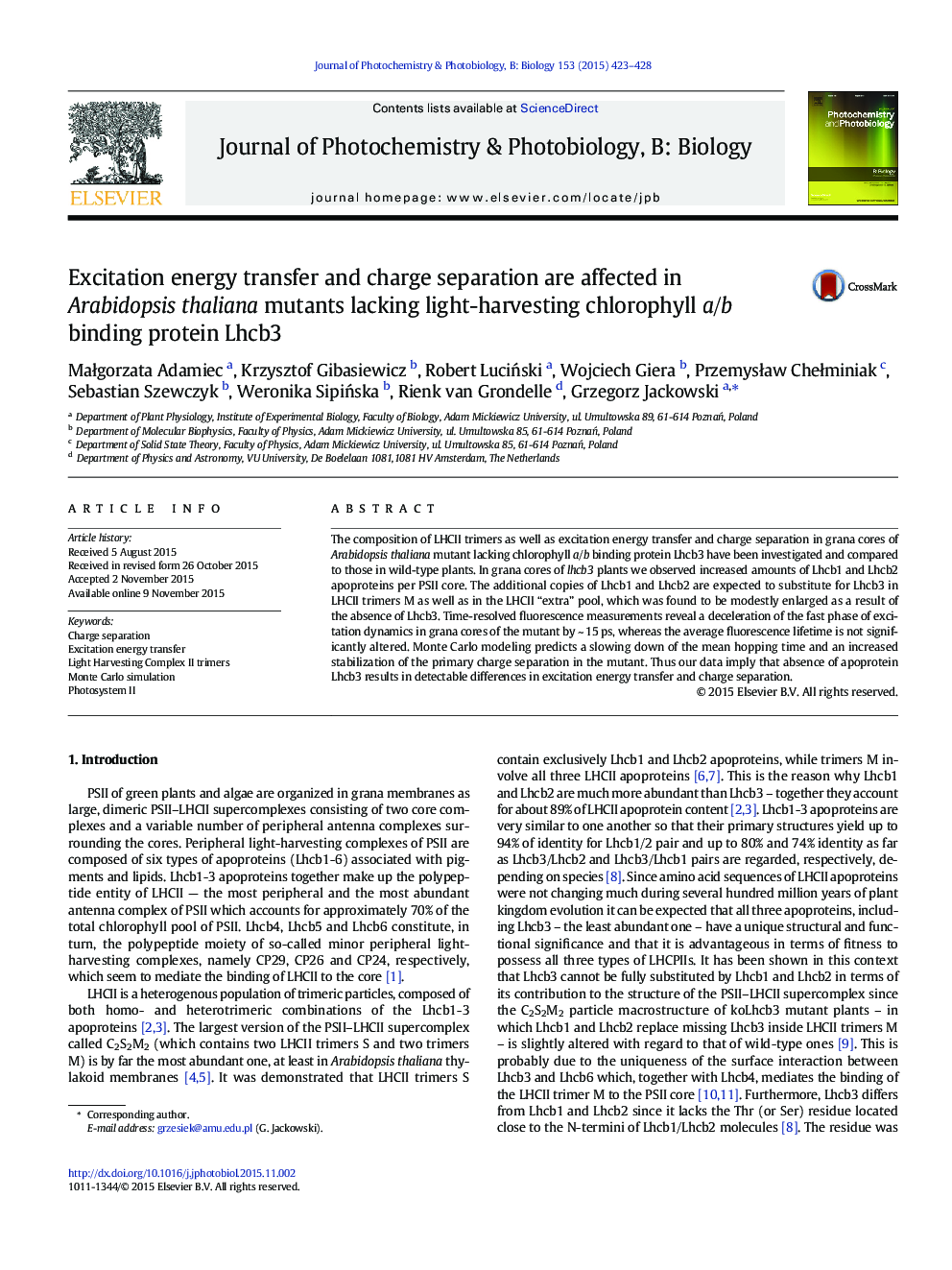 Excitation energy transfer and charge separation are affected in Arabidopsis thaliana mutants lacking light-harvesting chlorophyll a/b binding protein Lhcb3