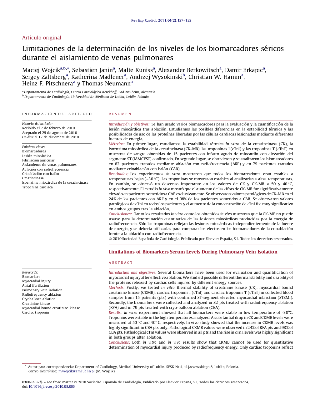 Limitaciones de la determinación de los niveles de los biomarcadores séricos durante el aislamiento de venas pulmonares