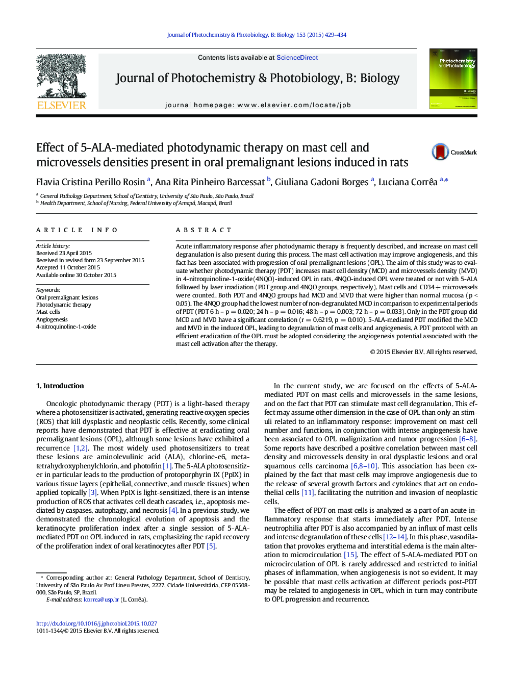 Effect of 5-ALA-mediated photodynamic therapy on mast cell and microvessels densities present in oral premalignant lesions induced in rats